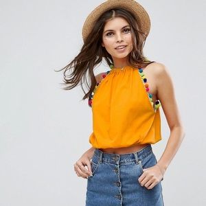 NEW! ASOS Yellow Cotton Top with Rainbow PomPom